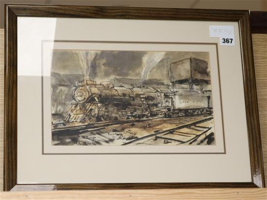 Ink and watercolour, locomotive beside a water tank, indistinctly signed, 19 x 31cm